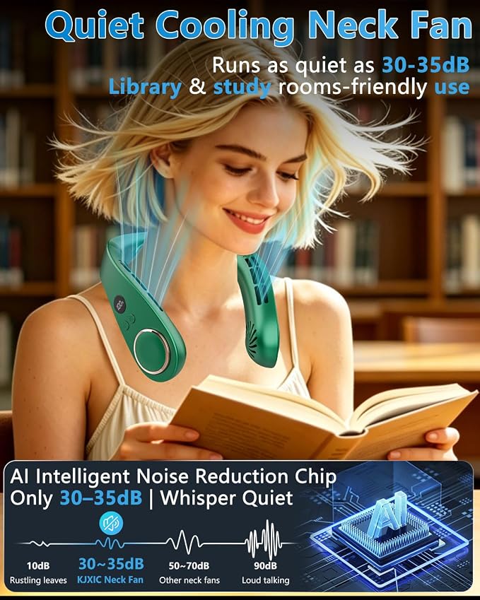 Neck Fan with Cooling Plate-24H Quiet Powerful Fans that Blow Cold Air-5 Speed&Power LED Display-USB 5500mAh Bladeless Wearable Personal AC Cooler for Women,Men,Kids,Travel,Outside,Indoor Green