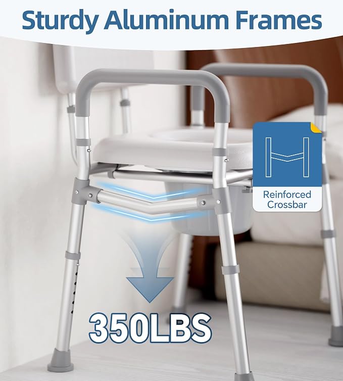 HOMLAND Bedside Commode Toilet, Padded Seat & Backrest, Enhanced Crossbar | Aluminum Potty Chair, Height Adjustable, Removable Bucket, Tool-Free Assembly, 350lb Portable Toilet for Adults & Seniors