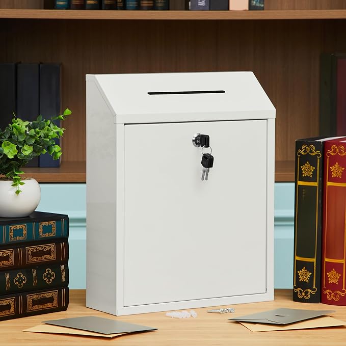 Yaocom Metal Money Box,White,15 x 12 x 4 Inch,No Lid | Wall Mounted Drop Donation Cash Box for Farm Stand Collection Safe Suggestion Box with Lock Container for Home Office Outdoor