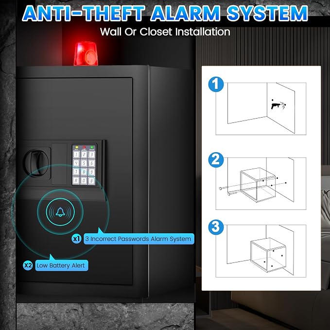 Large Home Safe 3.3 Cuft, Digital Security Safe Box with Smart Alarm System, Wall & Floor Mount Anti-Theft Safe, Removable Shelf & Mute Mode, Safe for Documents, Jewelry, Cash & Valuables