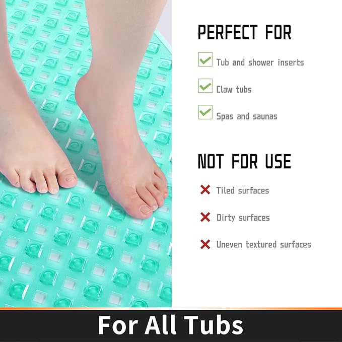 Yimobra Non Slip Bath Mat, Super Strong Suction Cups,34.5"x15.5"Long Tub Mat with Drain Holes, Machine Washable Fast Draining Shower Mats, Bathroom Essentials,Clear Green