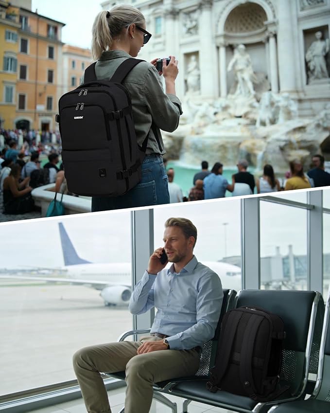 WANDF Personal Item Travel Bag, Small Travel Backpack 17x10x9 for United Airlines, 15.6" Laptop Backpack for Men Women (Black)