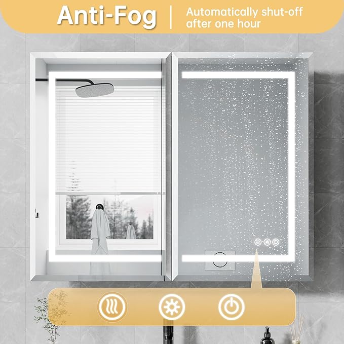 20"X30" Bathroom Medicine Cabinet with Mirror, LED Lighted Medicine Cabinet with Anti-Fog, 3 Colors Temperature Stepless Dimmable, Metal Cabinet for Storage and Mordern Decor, Black