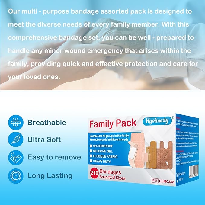 Hysimedy Adhesive Assorted Bandages Variety Pack 210 Counts Flexible Fabric Heavy Duty Waterproof Silicone Hypoallergenic Latex Free for Sensitive Skin Wounds Care Medical First Aid Kit Supplies