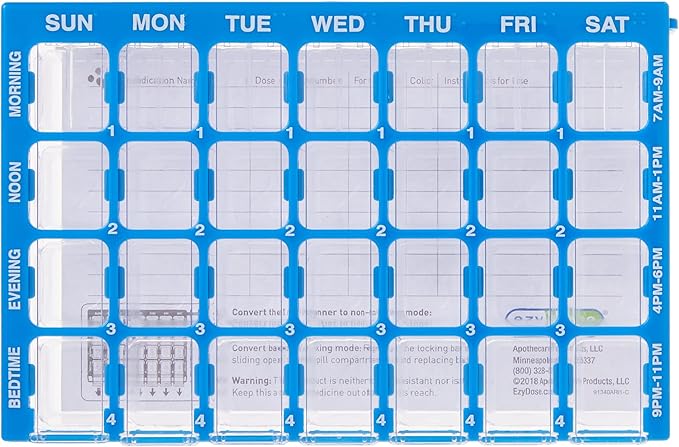 Ezy Dose Weekly (7-Day) Pill Case, Medicine Planner, Vitamin Organizer Box, Small Compartments with Easy Fill Tray, 4 Times a Day, Clear Lids, Color May Vary, BPA Free