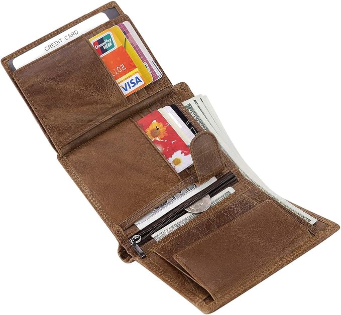Trifold Billfold RFID Blocking Cowhide Leather Wallet for Men 10 Card Slots 2 ID Windows with Coin Pocket