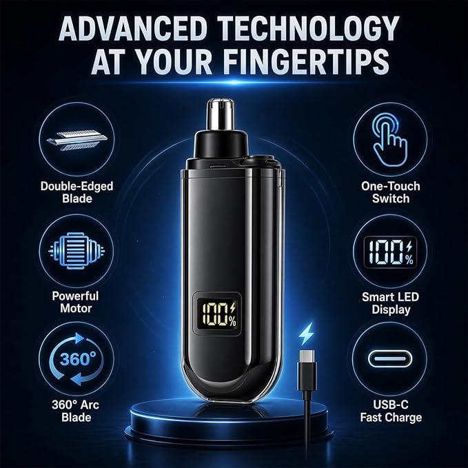 Portable Nose Hair Trimmer for Men Women, Update Ear and Nose Hair Trimmer Clipper, Waterproof Dual Edge Blades Nasal Trimmers with LED Display, USB-C Rechargeable Facial Hairs Remover, Mini Size