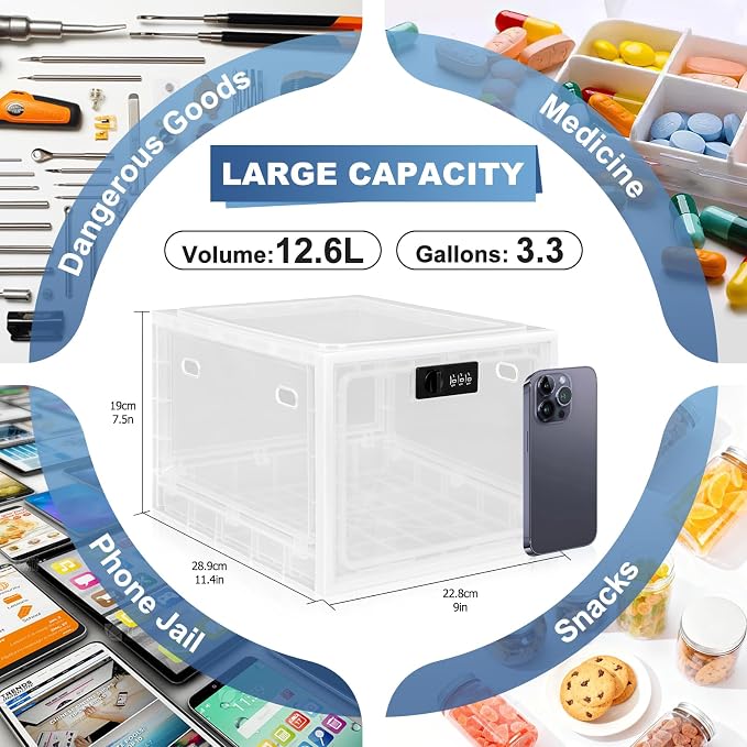 Gemaxvoled 2 Pack Medicine Lock Box, Large Capacity Premium Material Lockable Storage Bin Organizer Box with Combination Code for Safe Medication/Fridge Food/Snacks/Phone/Tablet Jail(White)