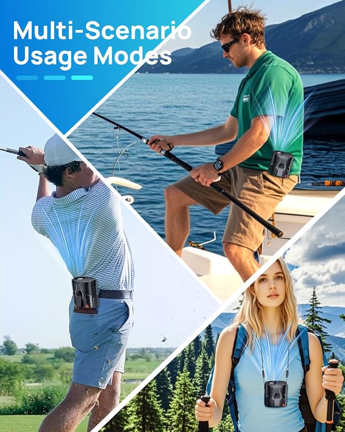 Portable Personal Waist Fan& Neck Fan, 14000RPM Brushless Motor, 40H Runtime Rechargeable, 6-Speed Quiet Operation, Clip-On Personal Body Cooling for Camping/Worksites/Outdoor