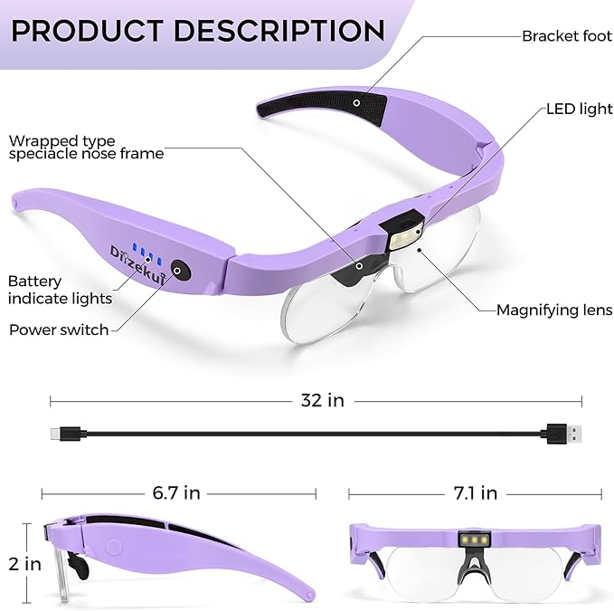 Dilzekui Magnifying Glass w/Light,1.5X-5X Magnifying Glasses Acrylic Lenses | Rechargeable Light with 2 Levels, Type-c Charged, 2 Wearing Ways, Hands free Headband Magnifier for Close Work Craft Hobbies