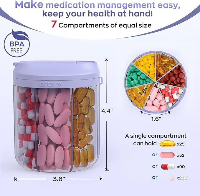 Pill Organizer with 7 Large Compartments, Pill Dispenser 4.4" H x 3.6" Dia for Travel, Supplement Organizer with Anti-Mixing Design, BPA-Free Pill Container with 20 Pcs Labels, Purple