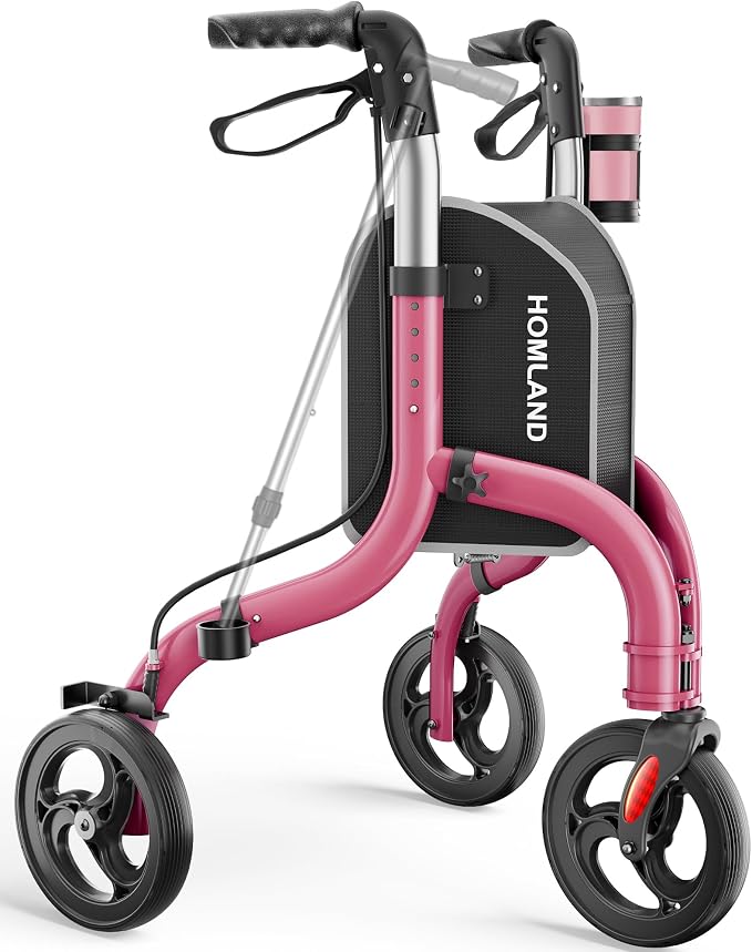 HOMLAND Foldable 3 Wheel Walkers for Seniors, Lightweight 10.4 lbs | with Cane & Cup Holder, Height Adjustable, 8'' big wheel, Ruby Red