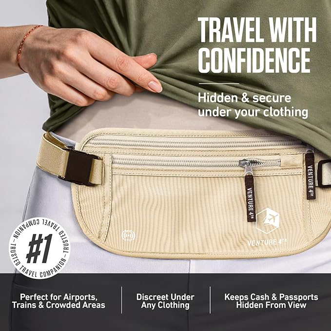 VENTURE 4TH Travel Money Belt, RFID Blocking Passport Holder - Beige