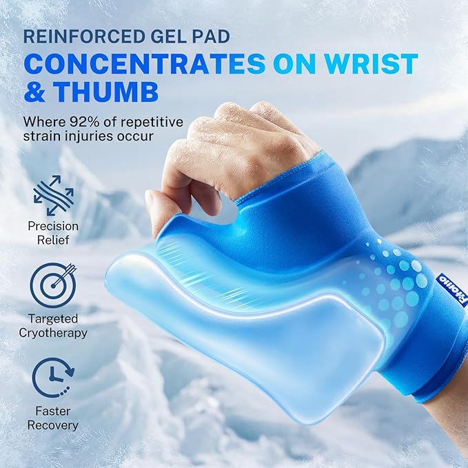 Thumb & Wrist Ice Pack Wrap, Thickened Ice Gel Pad, Ergonomic Fit, Long Lasting Cold & Warm for Carpal Tunnel Relief, Arthritis, Computer Overuse Injuries, Post-Surgery, Post-Workout, Size L/XL