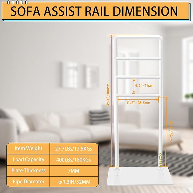 yeezoo Chair & Couch Stand Assist bar, Stand Assist Rail with Non-Slip Covers, Four Heights Heavy Duty Assist bar for Seniors Elderly, Adults and Others who Need Extra Help(Polished White)