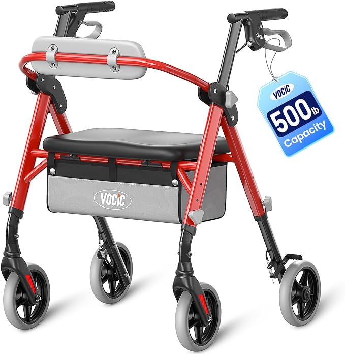 VOCIC Z11 Rollator Walkers for Seniors with Seat, 500 LBS Load, Ultra Wide | High-capacity support, 23" wide frame, ergonomic seat, dual brakes, and slim fold for home, shopping & daily walks, Red