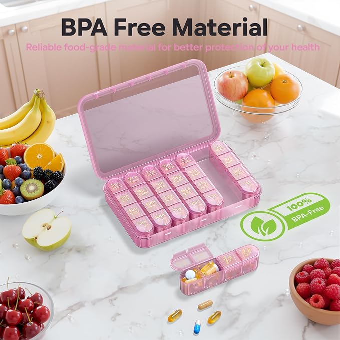 Daviky Pill Organizer 4 Times a Day - Pill Box 7 Day, Weekly Medicine Pill Organizer for Travel with Removable Containers, Pill Case to Hold Daily Vitamins, Supplements and Medication (Pink Purple)
