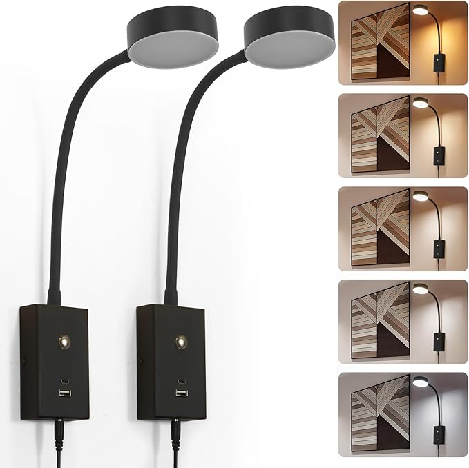 LED Wall Mounted Reading Light for Bed 2Pack, Flexible Gooseneck Book Light for Wall Bedside Lamp with USB-A/C Output,Touch Control 5 Dimmable Headboard Bed Lights