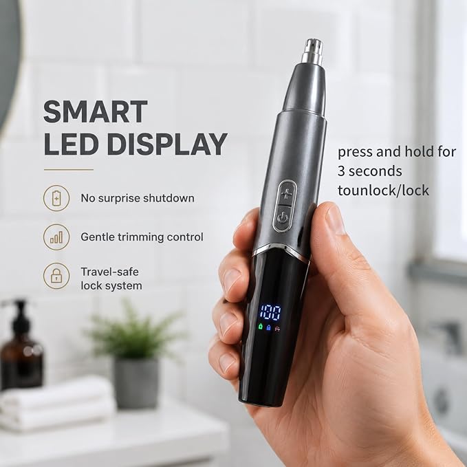 Nose Hair Trimmer for Men & Women, USB-C Rechargeable Nose & Ear Trimmer with LED Display, IPX7 Waterproof, Matte Metal Finish, Magnetic Protective Cap, Travel Ready, Space Gray