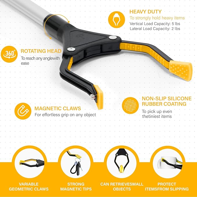 32" Foldable GrabRunner Reacher Grabber with Strong Magnetic Tip for Seniors, Disabled, After Surgery Recovery(Yellow)