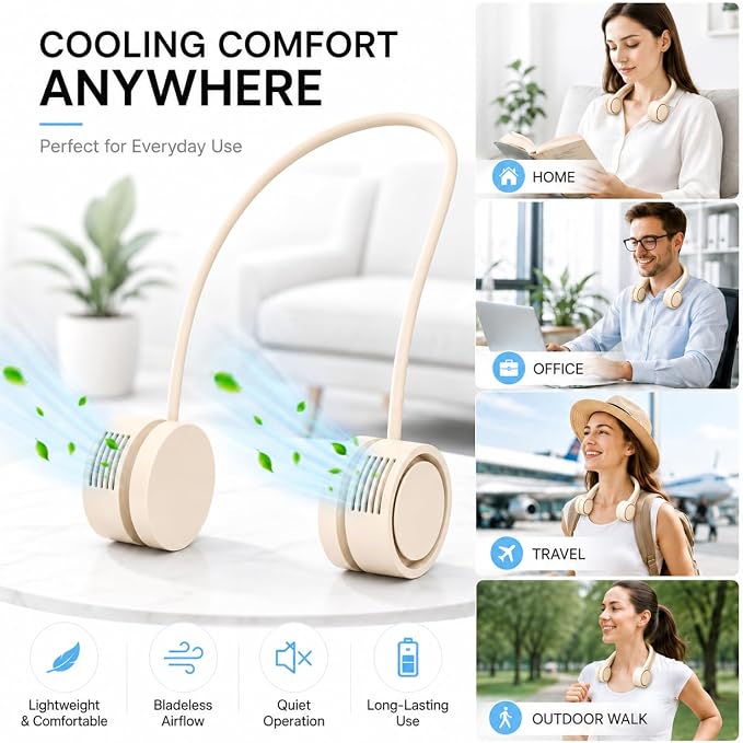 Neck Fan, Portable Bladeless Neck Fans, 4000mAh Foldable Rechargeable Bladeless Fan, 3 Speeds & Enhanced Cooling Power, Hands-Free USB Personal Fan for Men, Women, Outdoor, Travel, Ideal Gift(Apricot)