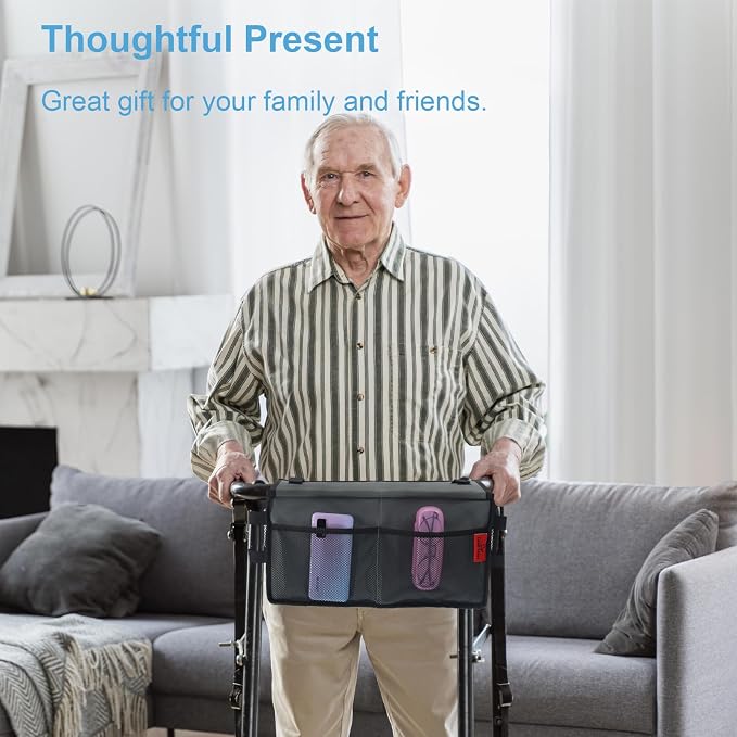 Walker Basket for Width 16"-20" Folding Walkers/Rollators, Large Capacity Walker Storage Baskets with Cup Holder, Lid & Multiple Pocket, Easy to Use Walker Tote Bag for Seniors, Gray.