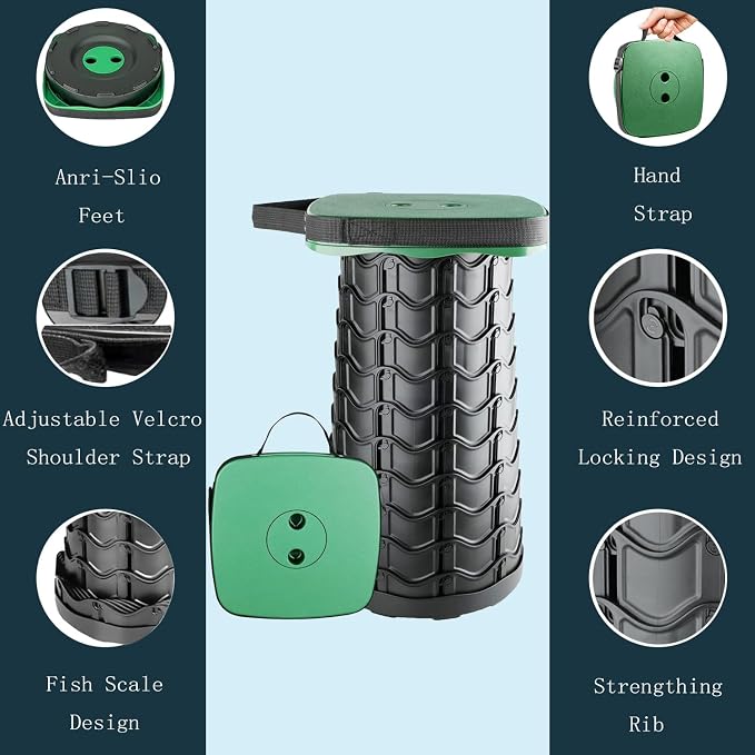 Upgraded Collapsible Stool Portable for Adults Heavy Duty, 620lbs Max Weight, Square Foldable Stool Thickened Telescoping Folding Seat for Camping Hiking, Outdoor, Travel(Square) (Green)