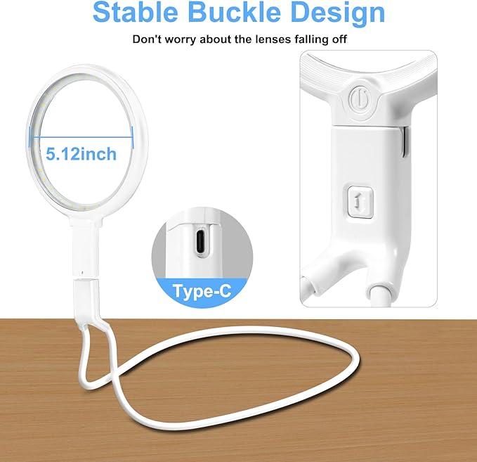 Neck Magnifier Hands Free with Light, 10X 5.2 Large Magnifying Glass with 36 LED Light, Flexible Gooseneck for Close Work Reading Sewing Senior (White)