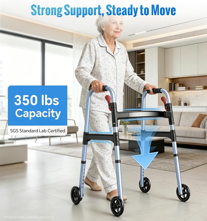 HOMLAND Standard Walkers for Seniors, 6.5lb Lightweight Foldable Walker | One-Hand Folding, 8 Height Adjustments, 350lb Capacity, Easy to Assemble, 2 Skis, 5" Wheels, Aluminum Frame, Ocean Blue