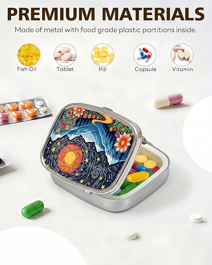 LRITER Pill Case, 2 Compartment Portable Small Travel Pill Organizer for Purse and Pocket, Stylish Medicine Case with Multiple Patterns, Daily Pillbox for Home & Travel (Sun Mountain)