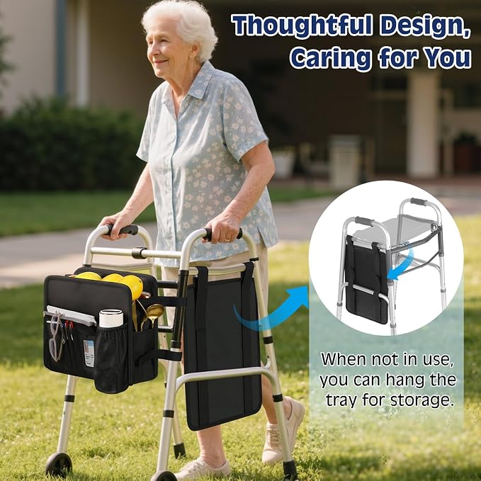 MoKo Walker Basket Bag with Tray, Upgraded Detachable Walker Tray for Folding Walkers with Non-Slip Mat, Large Storage Bag with Multi-Pockets and Cup Holder, Walkers Accessories for Senior, Black