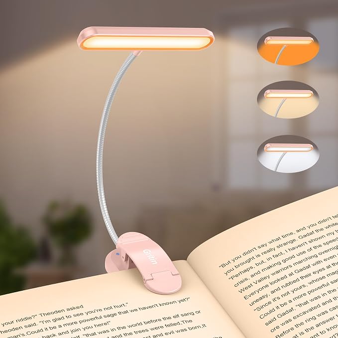 Gritin Rechargeable Book Light for Reading in Bed with 19 LED | Eye Caring 3 Color Temps, 5 Brightness Levels, Memory Function, 90 Hrs Runtime Flexible Goose Neck Clip on Light-Pink