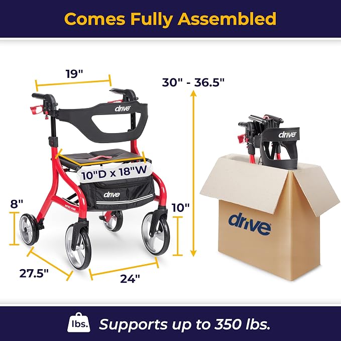 Drive Medical Nitro Sprint Rollator Walker with Seat, Standard Size, Red | Lightweight Rollator with Large Wheels Offers Compact Folding Design for Standard Size Everyday Comfort