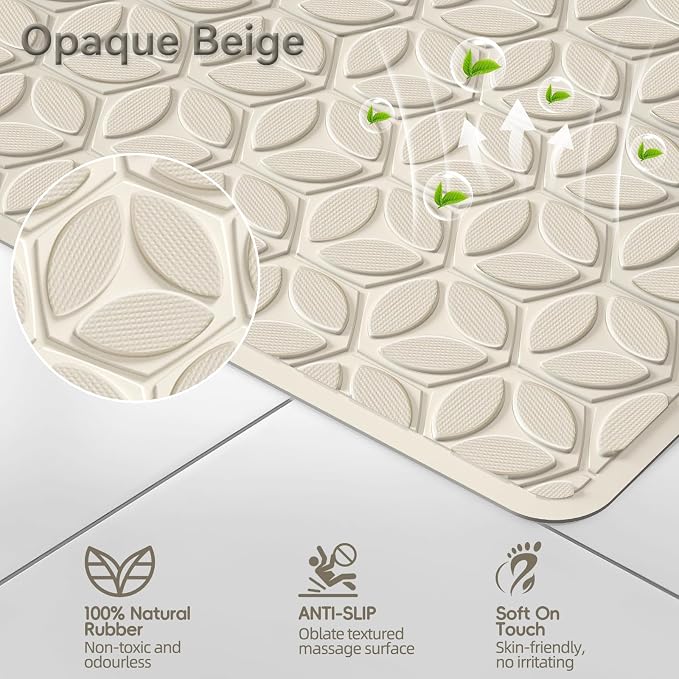 Bathtub Mat Non Slip with Suction Cups - 100% Rubber Bathroom Mat Textured for Bath Tub Shower Safety - Soft on Touch - BPA/PVC Free - Pet Dog Bath Mat - Machine Washable - 16 × 28 Inch（Beige）