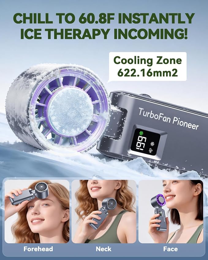 Portable Handheld Fan with Ice Cooling, 7.5m/s High Speed Turbo Fan, 150° Foldable 4-in-1 Personal Neck Fan, 199 Speed Stepless Control, USB-C Rechargeable for Travel, Makeup, Hiking,Grey
