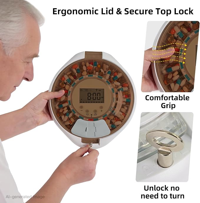 JULOS WiFi Automatic Pill Dipenser with Remote Care Monitoring for Seniors | Up to 9 Doses Per Day with Sound & Light Reminder, Top Lock Key, Ergonomic Lid Design for Elderly & Dementia Care