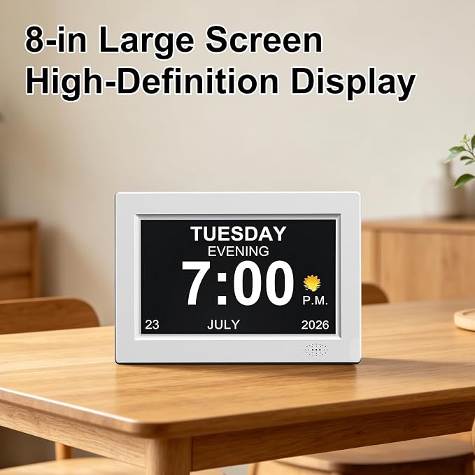 8Inch White Digital Dementia Clock, Large Display Calendar Clock, 15 Medication Reminders, Auto DST, Auto Brightness Adjustment, Equipped with Remote Control