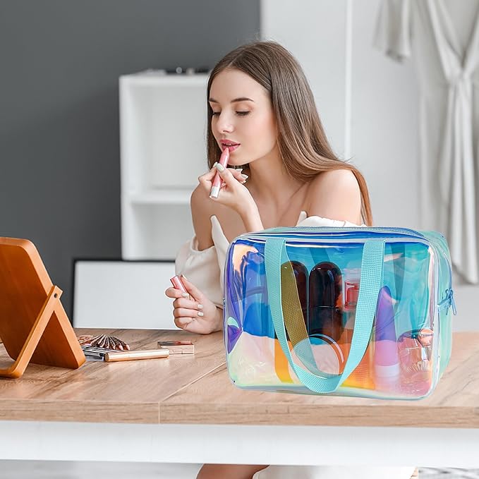Holographic TPU Makeup Bag - Blue Rainbow Cosmetic Pouch, 11.81x4.3x8.26inches Waterproof Large Clear Travel Bag for Travel & Organizer (A230023-298-5)