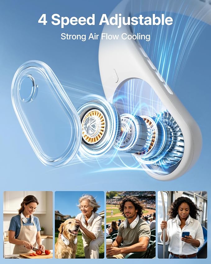 SHEWIND Portable Neck Fan - 5000mAh Rechargeable Hands-Free Wearable Fan | 4 Speeds, Bladeless & LED Display | Personal Cooling Fan for Travel, Outdoors, Camping - White