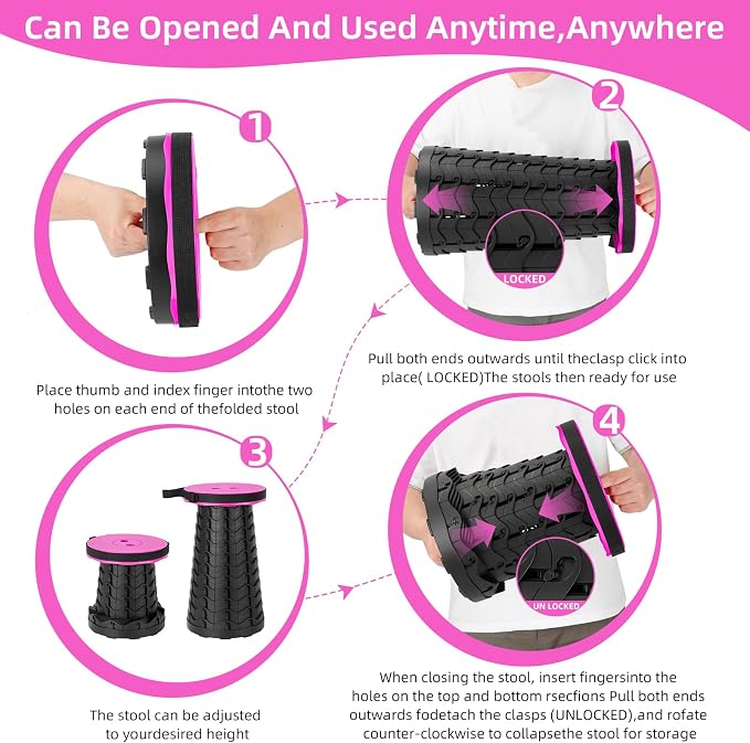 Qiguet Collapsible Folding Chair - Upgraded Portable Chair with 400lbs Load Capacity, Perfect for Camping, Fishing, Hiking - Folding Stool with Carrying Straps, Gifts for Fisherman (Pink)