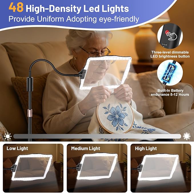 Hands Free Floor Magnifying Glass, with Light and Stand, 48-LEDs Rechargeable Floor Magnifying, Suitable for Reading, Sewing, Crafts, DIY, Embroidery, Close Work. Magnifiers for Seniors