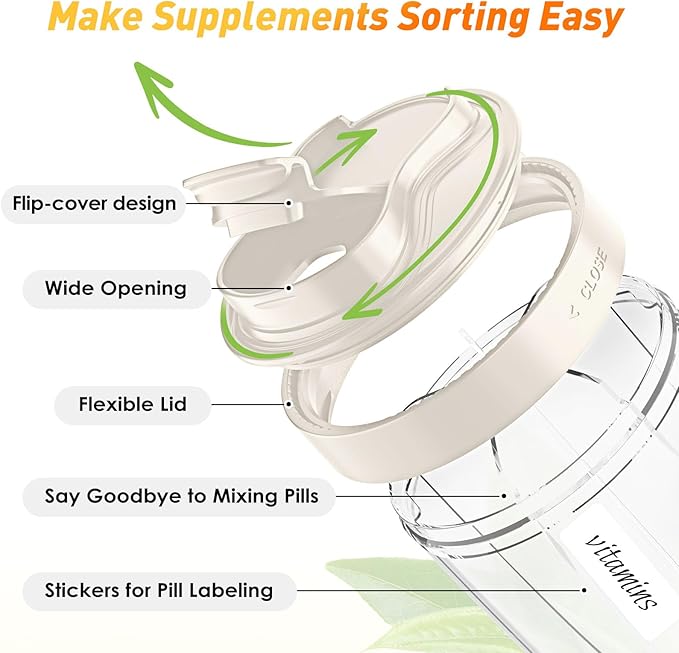 Large Pill Dispenser to Store 7 Various Supplements - Pill Organizer & Supplement Organizer for Travel, Anti-Mixing Design, with Strap & 20 Sticky Labels （Off-White）