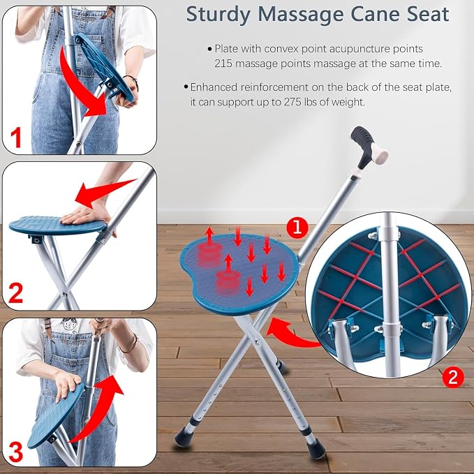 Walking Cane with Seat Cane Chair Foldable Walking Stick with Seat, Adjustable Cane Stool for Seniors Elderly, Lightweight Aluminum, Easy Carry (Blue)