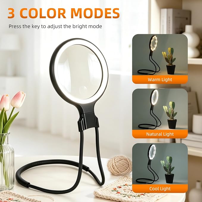 Magnifying Glass with Light for Reading & Crafts, 3-in-1 Rechargeable Neck Magnifier with Comfort Sponge, 5X 10X Optical PMMA Lens, 30 LEDs (3 Colors), Hands Free Magnifier for Seniors, Sewing