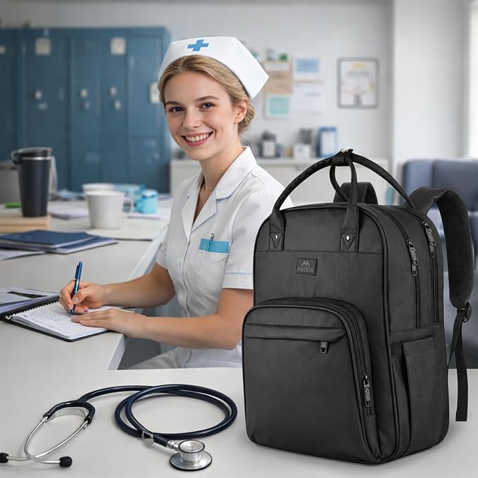 MATEIN Nurse Backpack, Nursing Medical Bag for Women Fits 15.6 Inch Laptop | Home Health Clinical Bag with Removable Organizer, Nurse Essentials, Nurse Work Backpack, Commute, Travel, Black