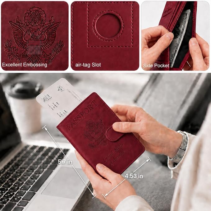 Passport Holder with Air-Tag Slot RFID Blocking Leather Travel Wallet | Multiple Card Compartments, SIM Card Access, Compact Carry Design, Flight Ready Essentials for Men & Women, Red