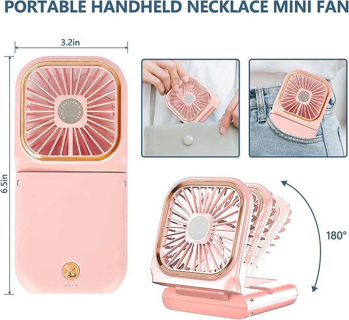 Portable Neck Fan Mini Quiet Handheld Personal Foldable USB Rechargeable Fan with Phone Holder founction for Home Office Outdoor Travel, Hands Free Necklace Fans