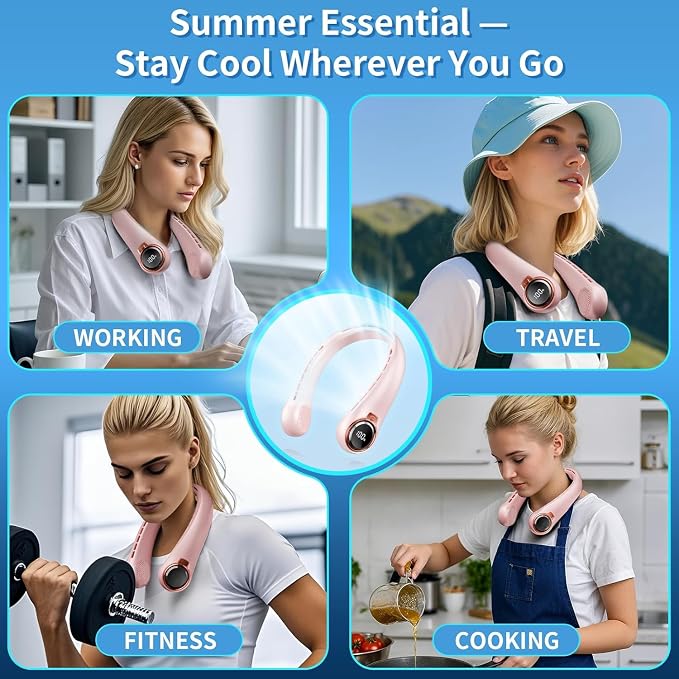 BNBZ Portable Neck Fan, 6000mAh Rechargeable Fan Blows Cold Air with LED Display, 4 Speeds, 20H Runtime, Quiet Wearable 360° Personal Cooling Fan for Outdoor Travel Work Gym,Fireplace Fans-Pink