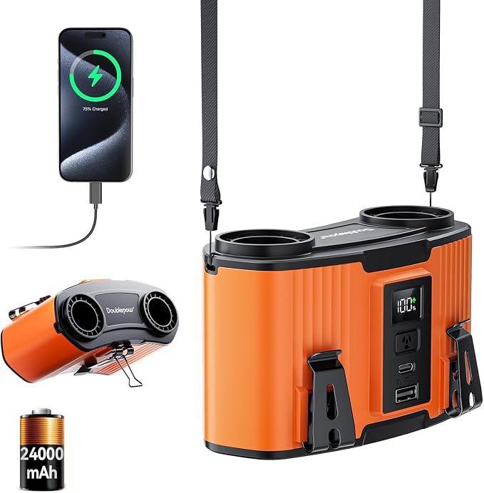 Doublepow 24000mAh Portable Waist Fan, Personal Fan, Dual Air Ducts Motors, Rechargeable Clip On Belt for Working, 10 Speeds 45H Wearable Neck Cooling, for Outdoor Work Travel, Power Outage (Orange)