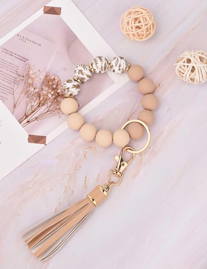 BAOSIWA Silicone Beaded Bracelet Keychain Wristlet Key Ring Bangle Chains for Women with Leather Tassel